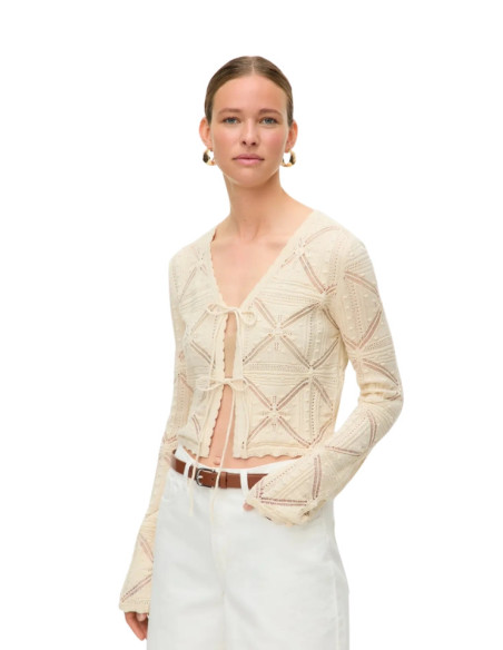 Cardigan donna operato panna con laccetti Vero Moda