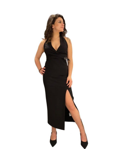 Abito lungo nero elegante Nosecret | Vestito con spacco e spilla