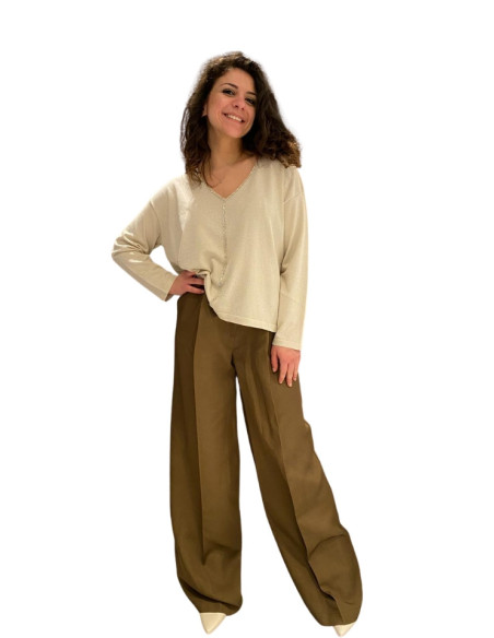 Pantapalazzo con pinces moka donna elegante gamba ampia
