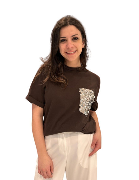 T SHIRT basic taschino paillette MORO