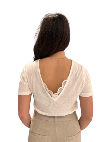 T-shirt bianca scollo V con pizzo Vero Moda