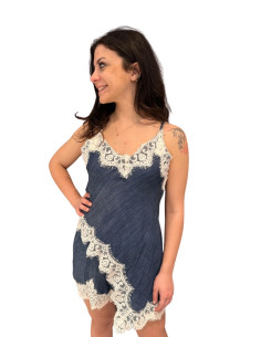 Top denim trasversale pizzo