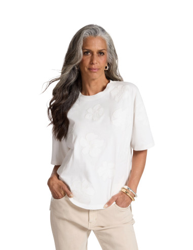 T-shirt Bianca in Jersey con Ricami Floreali Tono su Tono Elena MIrò