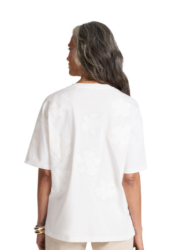 T-shirt Bianca in Jersey con Ricami Floreali Tono su Tono Elena MIrò